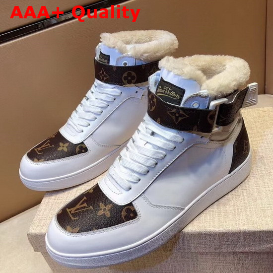 Louis Vuitton Rivoli Sneaker Boot in White Plain Calf Leather and Monogram Canvas with Sheepskin Inside Replica