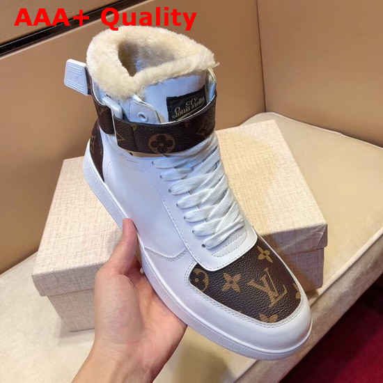 Louis Vuitton Rivoli Sneaker Boot in White Plain Calf Leather and Monogram Canvas with Sheepskin Inside Replica