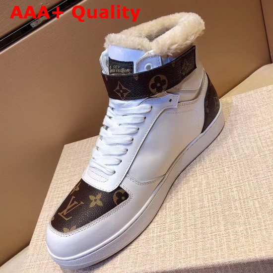 Louis Vuitton Rivoli Sneaker Boot in White Plain Calf Leather and Monogram Canvas with Sheepskin Inside Replica