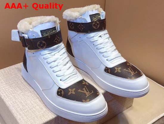 Louis Vuitton Rivoli Sneaker Boot in White Plain Calf Leather and Monogram Canvas with Sheepskin Inside Replica