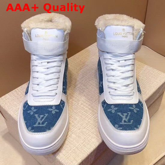 Louis Vuitton Rivoli Sneaker in White Calf Leather and Monogram Denim with Sheepskin Inside Replica