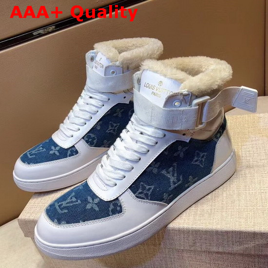 Louis Vuitton Rivoli Sneaker in White Calf Leather and Monogram Denim with Sheepskin Inside Replica