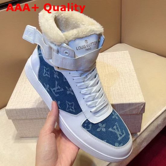 Louis Vuitton Rivoli Sneaker in White Calf Leather and Monogram Denim with Sheepskin Inside Replica