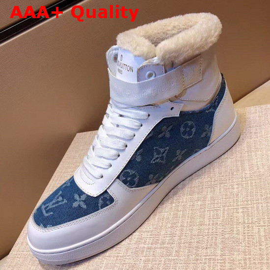 Louis Vuitton Rivoli Sneaker in White Calf Leather and Monogram Denim with Sheepskin Inside Replica