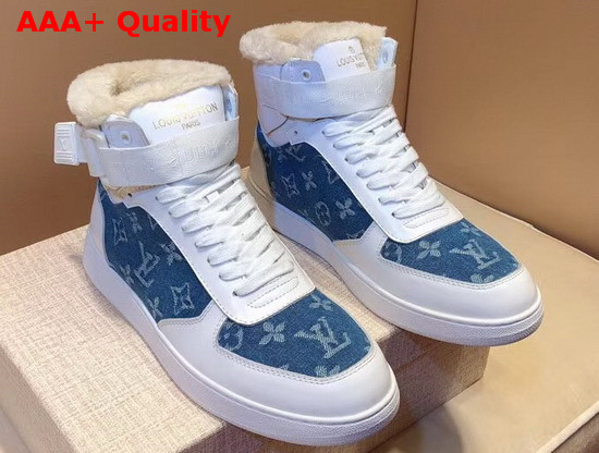 Louis Vuitton Rivoli Sneaker in White Calf Leather and Monogram Denim with Sheepskin Inside Replica