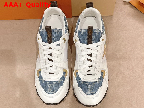 Louis Vuitton Run Away Sneaker in White Calf Leather and Blue Monogram Denim with Gold Tone Details Replica