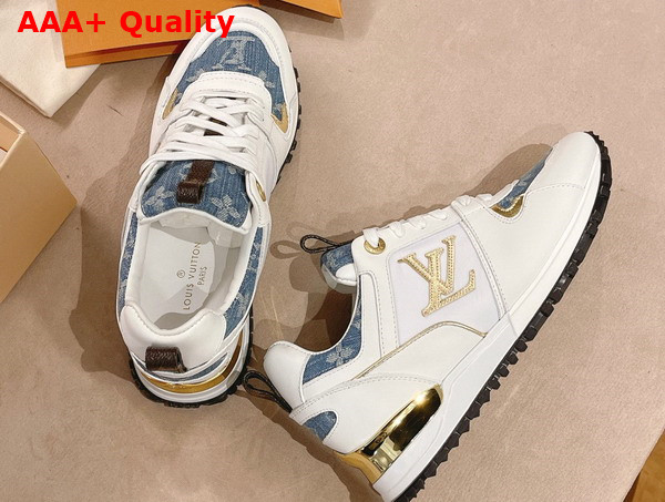 Louis Vuitton Run Away Sneaker in White Calf Leather and Blue Monogram Denim with Gold Tone Details Replica