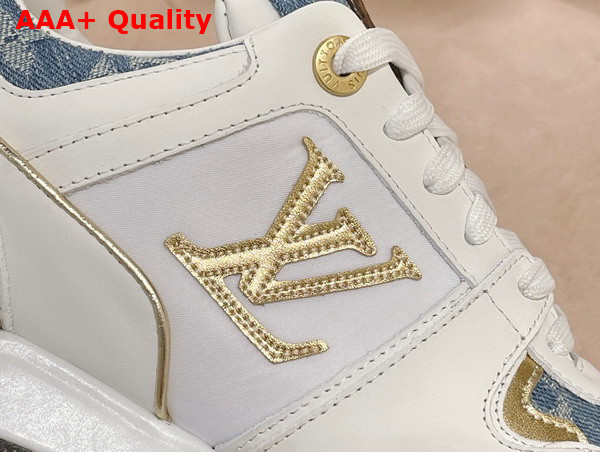 Louis Vuitton Run Away Sneaker in White Calf Leather and Blue Monogram Denim with Gold Tone Details Replica