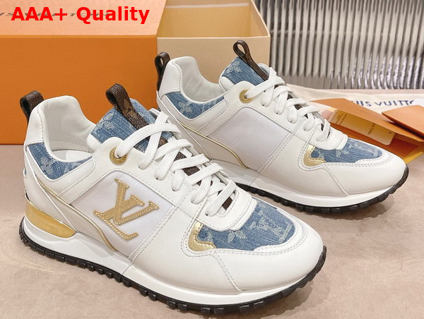 Louis Vuitton Run Away Sneaker in White Calf Leather and Blue Monogram Denim with Gold Tone Details Replica