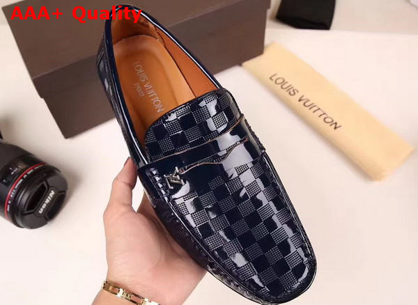 Louis Vuitton Shade Loafer Shoes in Shiny Navy Blue Damier Embossed Calf Leather Replica