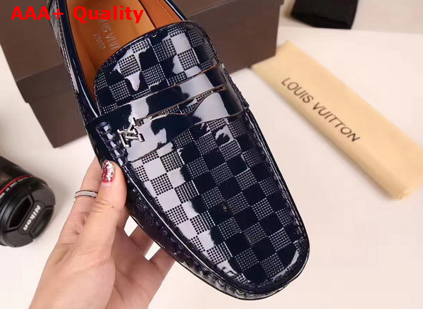 Louis Vuitton Shade Loafer Shoes in Shiny Navy Blue Damier Embossed Calf Leather Replica