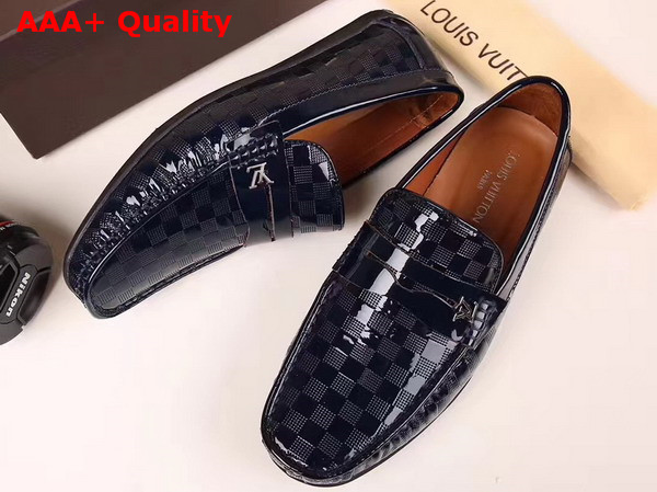 Louis Vuitton Shade Loafer Shoes in Shiny Navy Blue Damier Embossed Calf Leather Replica