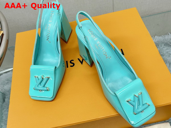 Louis Vuitton Shake Slingback Pump in Vert Deau Patent Calf Leather V Shaped Block Heel Replica