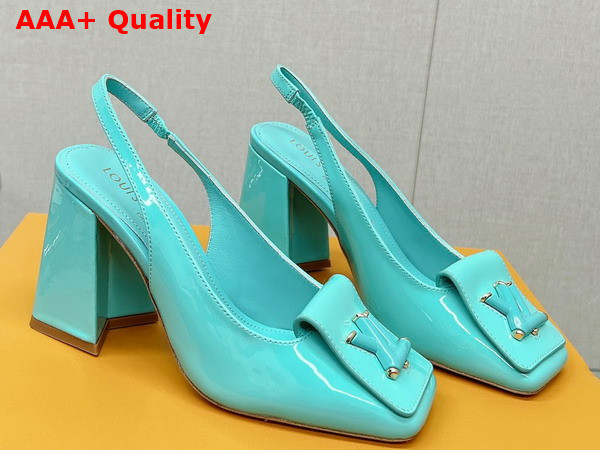 Louis Vuitton Shake Slingback Pump in Vert Deau Patent Calf Leather V Shaped Block Heel Replica