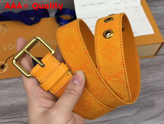 Louis Vuitton Signature 35mm Belt Ochre Yellow Monogram Printed Washed Denim Replica