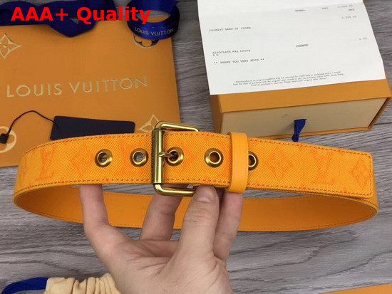 Louis Vuitton Signature 35mm Belt Ochre Yellow Monogram Printed Washed Denim Replica