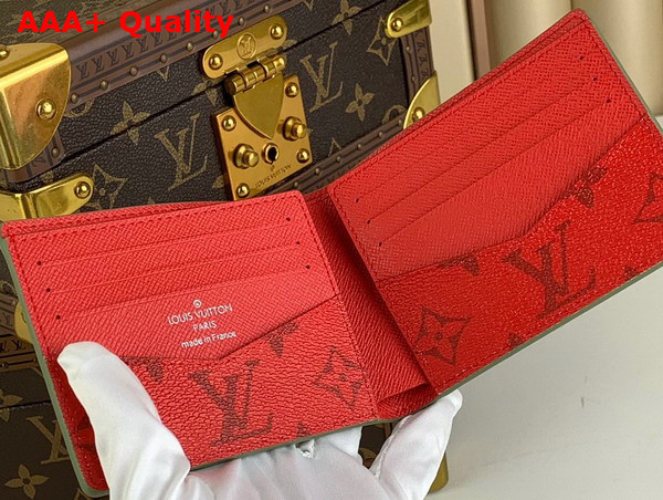 Louis Vuitton Slender Wallet in Khaki Green and Vermillion Red Monogram Coated Canvas Replica