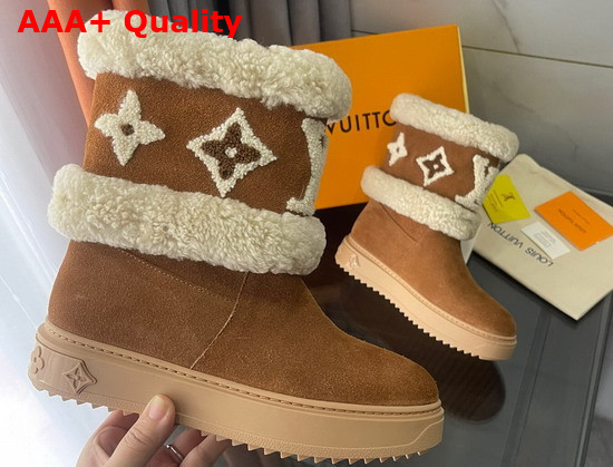 Louis Vuitton Snowdrop Flat Ankle Boot Cognac Brown Suede Calf Leather and Shearling 1A95DT Replica