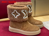 Louis Vuitton Snowdrop Flat Ankle Boot in Cognac Brown Suede Calf Leather and Shearling 1AACII Replica