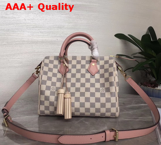 Louis Vuitton Speedy Bandouliere 25 Damier Azur Canvas with Pink Cowhide Leather Trim Replica