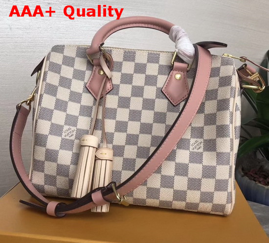 Louis Vuitton Speedy Bandouliere 25 Damier Azur Canvas with Pink Cowhide Leather Trim Replica