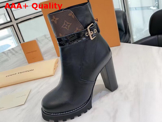 Louis Vuitton Star Trail Ankle Boot in Black Calf Leather with Patent Monogram Canvas Trim 1A86MC Replica