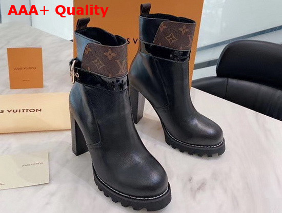 Louis Vuitton Star Trail Ankle Boot in Black Calf Leather with Patent Monogram Canvas Trim 1A86MC Replica