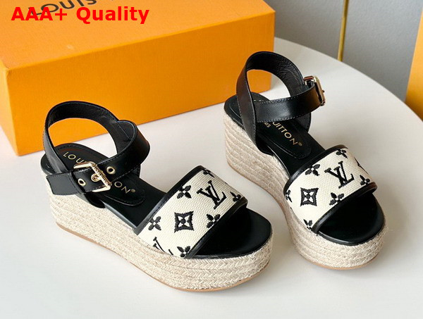 Louis Vuitton Starboard Wedge Sandal in Black Monogram Embroidered Cotton 1ABT17 Replica