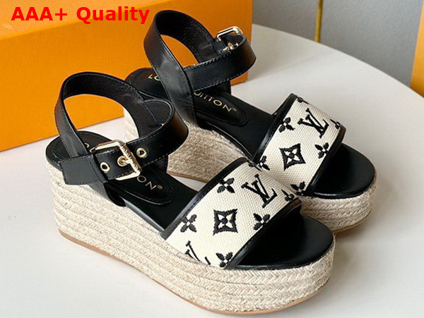 Louis Vuitton Starboard Wedge Sandal in Black Monogram Embroidered Cotton 1ABT17 Replica