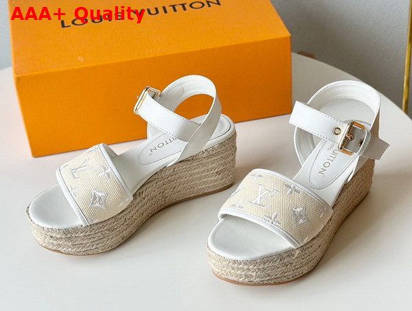 Louis Vuitton Starboard Wedge Sandal in White Monogram Embroidered Cotton 1ABPFR Replica