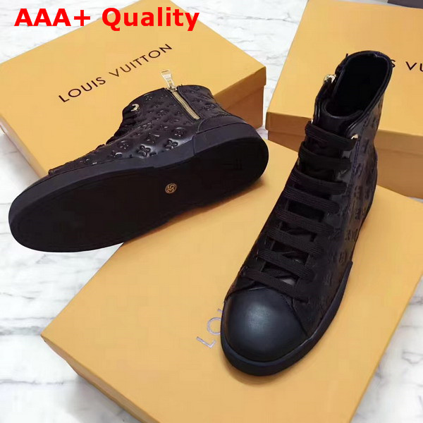 Louis Vuitton Stellar Sneaker Boot in Black Monogram Embossed Calf Leather Features a Side Zip for Easy Fitting 1A2XPK Replica