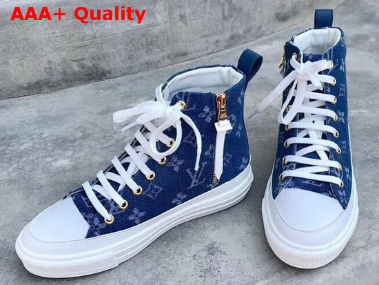 Louis Vuitton Stellar Sneaker Boot in Bleu Jeans Blue Monogram Denim 1A4VTA Replica