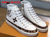 Louis Vuitton Stellar Sneaker Boot in White Calfskin Decorated with Giant LV and Monogram Flower Patches in Leopard Print 1A5NP8 Replica