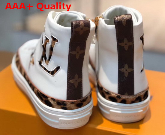 Louis Vuitton Stellar Sneaker Boot in White Calfskin Decorated with Giant LV and Monogram Flower Patches in Leopard Print 1A5NP8 Replica