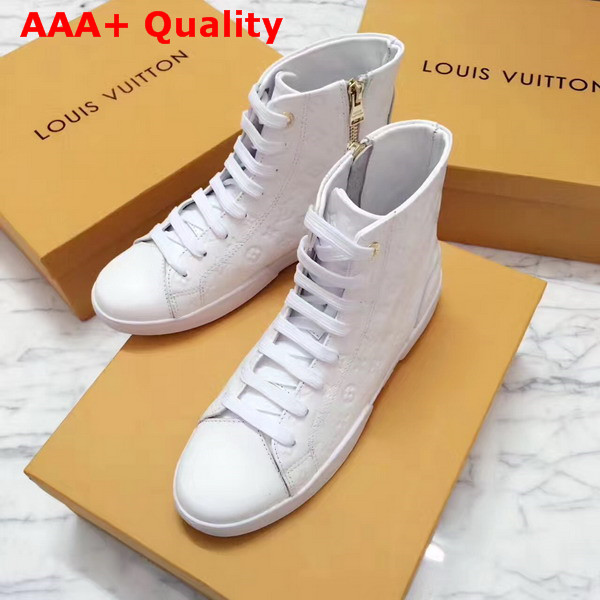 Louis Vuitton Stellar Sneaker Boot in White Monogram Embossed Calf Leather Features a Side Zip for Easy Fitting 1A2XPK Replica