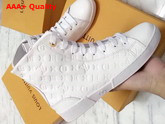 Louis Vuitton Stellar Sneaker Boot in White Monogram Embossed Calf Leather Features a Side Zip for Easy Fitting 1A2XPK Replica