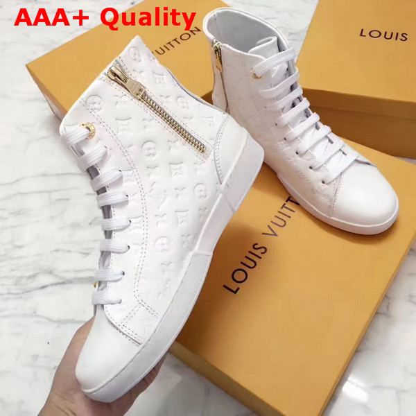 Louis Vuitton Stellar Sneaker Boot in White Monogram Embossed Calf Leather Features a Side Zip for Easy Fitting 1A2XPK Replica