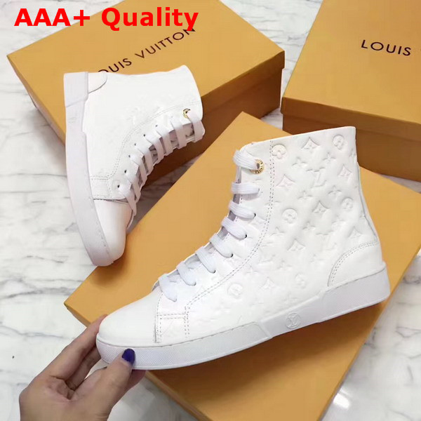 Louis Vuitton Stellar Sneaker Boot in White Monogram Embossed Calf Leather Features a Side Zip for Easy Fitting 1A2XPK Replica