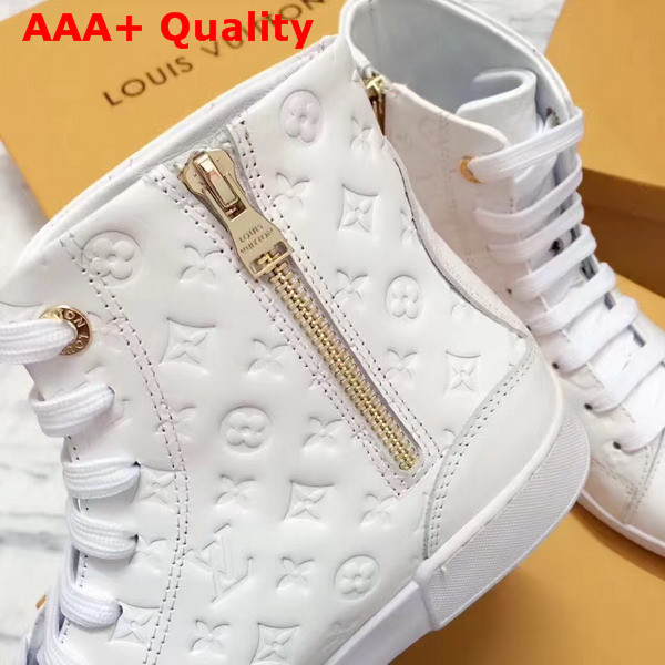 Louis Vuitton Stellar Sneaker Boot in White Monogram Embossed Calf Leather Features a Side Zip for Easy Fitting 1A2XPK Replica