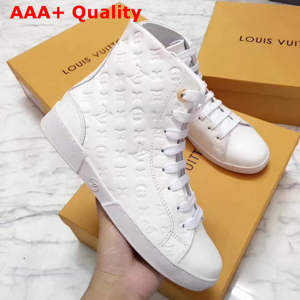 Louis Vuitton Stellar Sneaker Boot in White Monogram Embossed Calf Leather Features a Side Zip for Easy Fitting 1A2XPK Replica