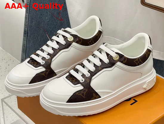 Louis Vuitton Time Out Sneaker White Calf Leather with Monogram Canvas Trim 1A95TO Replica