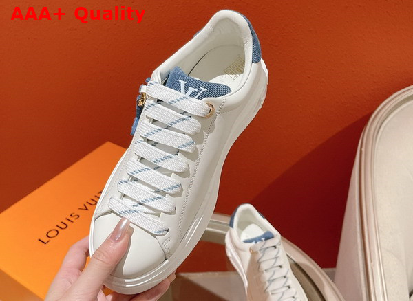 Louis Vuitton Time Out Sneaker in White Calf Leather and Blue Denim 1ABB4T Replica