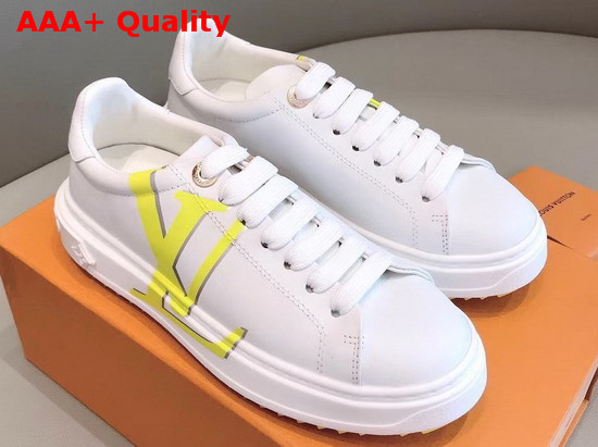 Louis Vuitton Time Out Sneaker in White Calf Leather with Yellow LV Initials Logo Replica