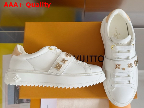 Louis Vuitton Time Out Sneaker in White Smooth Calf Leather with Gold Tone Studs 1AD2W3 Replica