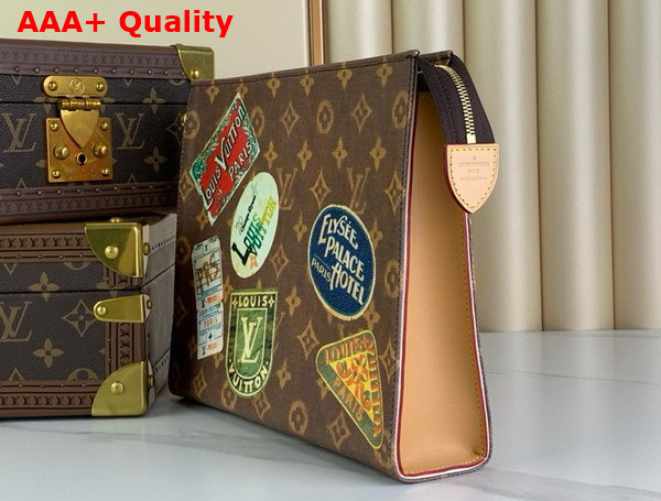 Louis Vuitton Toilet Pouch in Monogram Coated Canvas Decorated with Glamourous Vintage Louis Vuitton Travel Stickers M83487 Replica