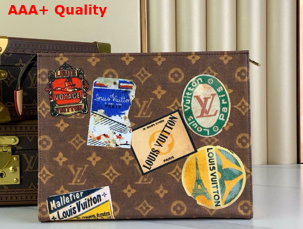 Louis Vuitton Toilet Pouch in Monogram Coated Canvas Decorated with Glamourous Vintage Louis Vuitton Travel Stickers M83487 Replica