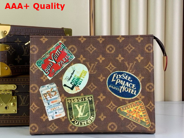 Louis Vuitton Toilet Pouch in Monogram Coated Canvas Decorated with Glamourous Vintage Louis Vuitton Travel Stickers M83487 Replica