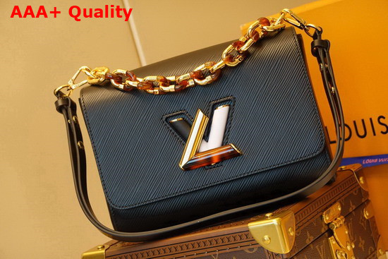 Louis Vuitton Twist MM Handbag in Black Epi Grained Leather Features a LV Twist Lock Decorated with Tortoise Shell and Black and White Stones M58715 Replica