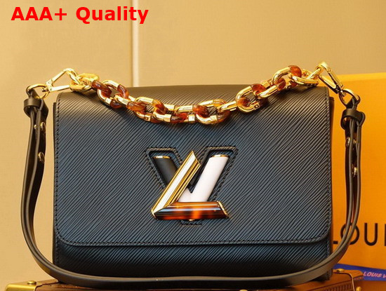 Louis Vuitton Twist MM Handbag in Black Epi Grained Leather Features a LV Twist Lock Decorated with Tortoise Shell and Black and White Stones M58715 Replica