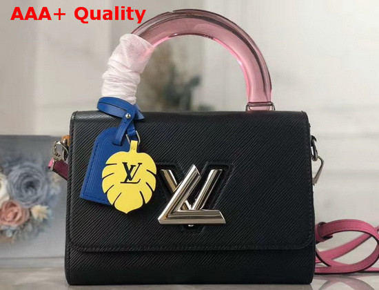 Louis Vuitton Twist MM in Black Deep Dyed Epi Leather with a Colored Plexiglass Top Handle and Bright Colored Nametag and Charm M56112 Replica